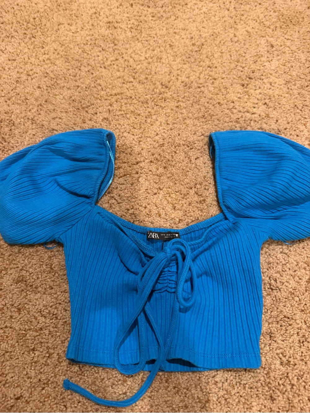 Zara Bright Blue Ribbed Puff-Sleeve Crop Top with Front Tie